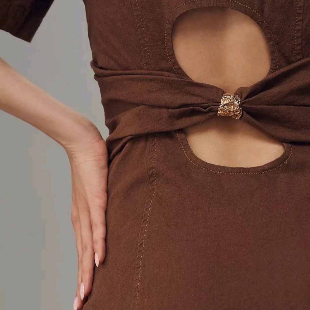 Maeve Anthropologie Brown‎ Linen Puff Sleeve Cutout Back Mini Dress, Size Large - Picture 4 of 14